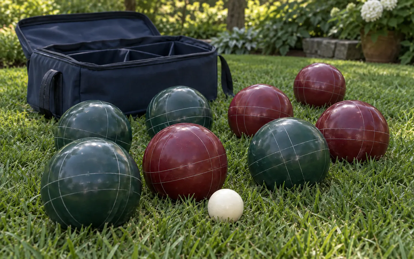 AI illustration of four green and four burgundy bocce balls, a pallino and an open carrying case on grass