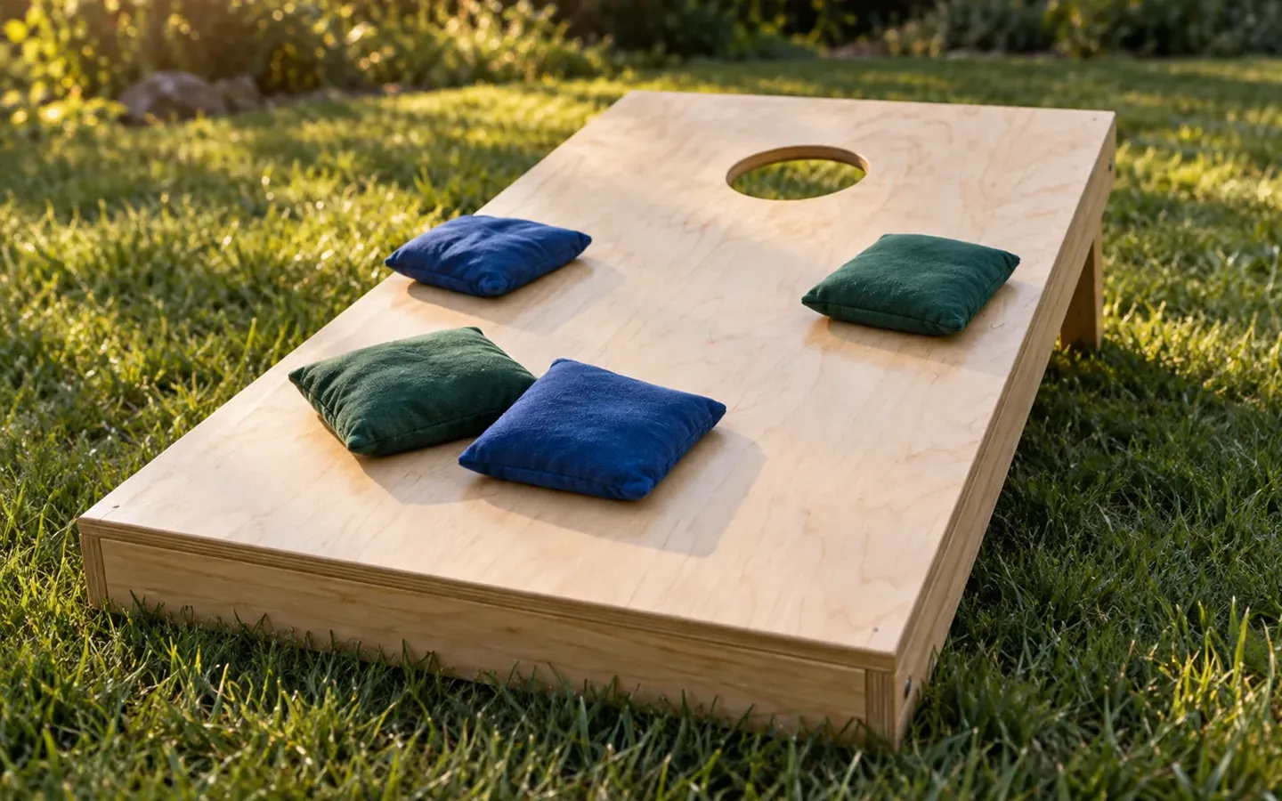 Green and blue cornhole bags resting on a wooden board in grass