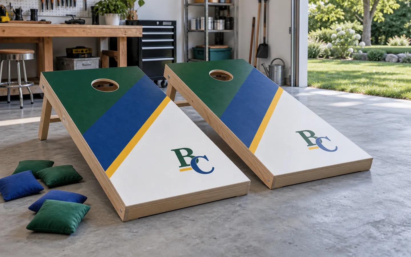 AI illustration of two custom cornhole boards with green, blue and white paint and a BC monogram in a workshop