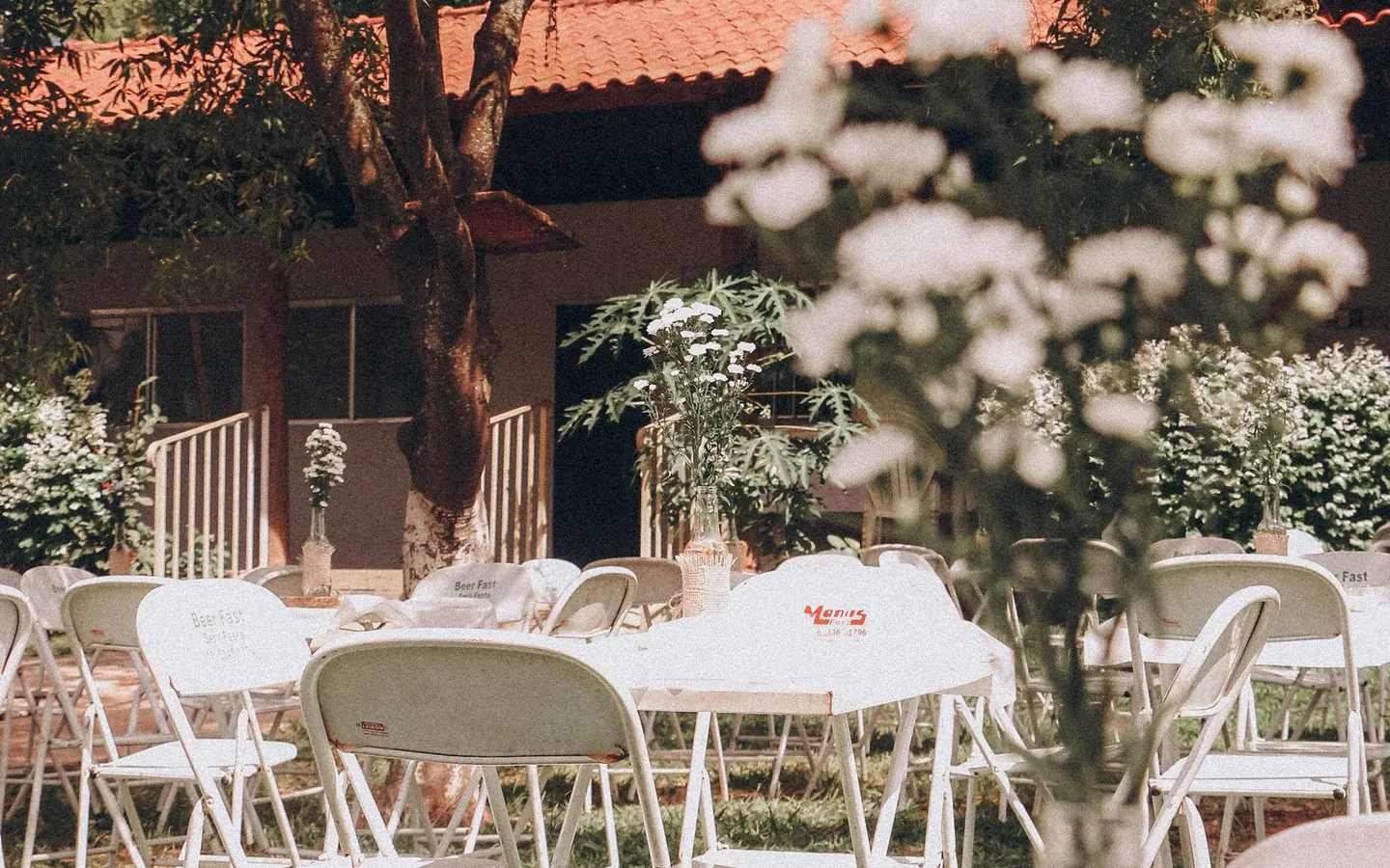 White chairs and floral arrangements set up on a lawn for an outdoor event
