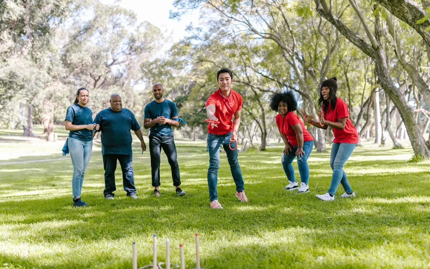 A group of adults playing a ring toss game on grass in a sunny park